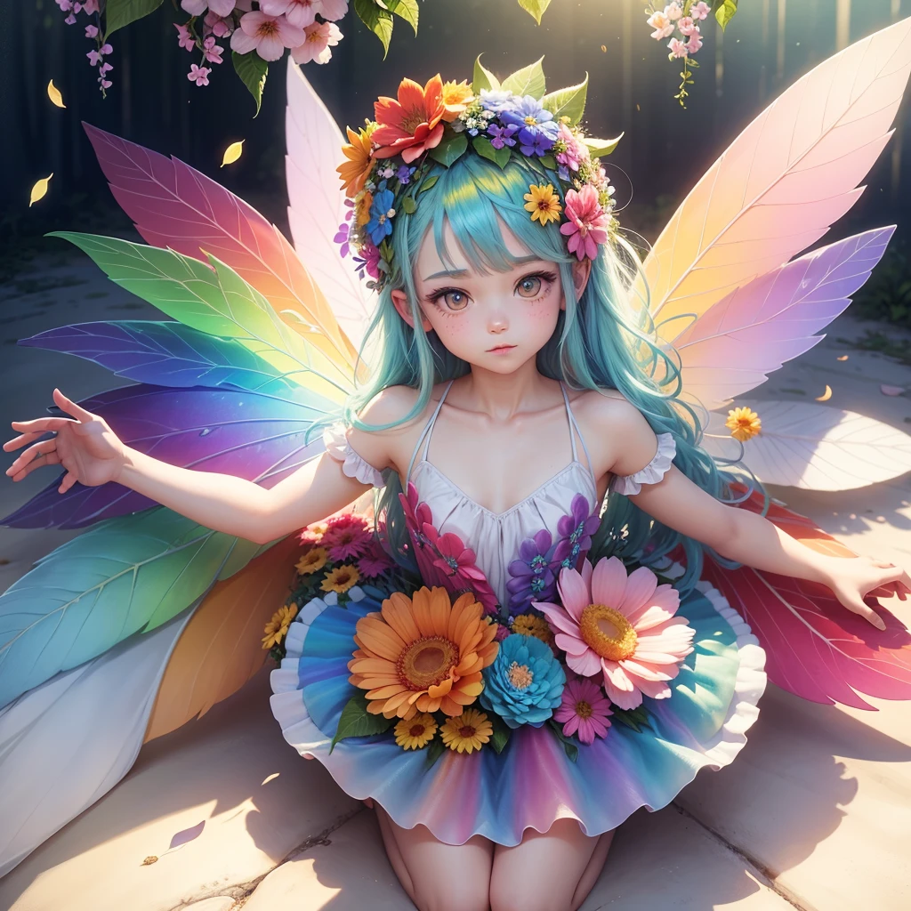 cute little fairy rainbow hair rainbow transparent wings flowers leaves clothes made of leaves flowers flower crown big flower
