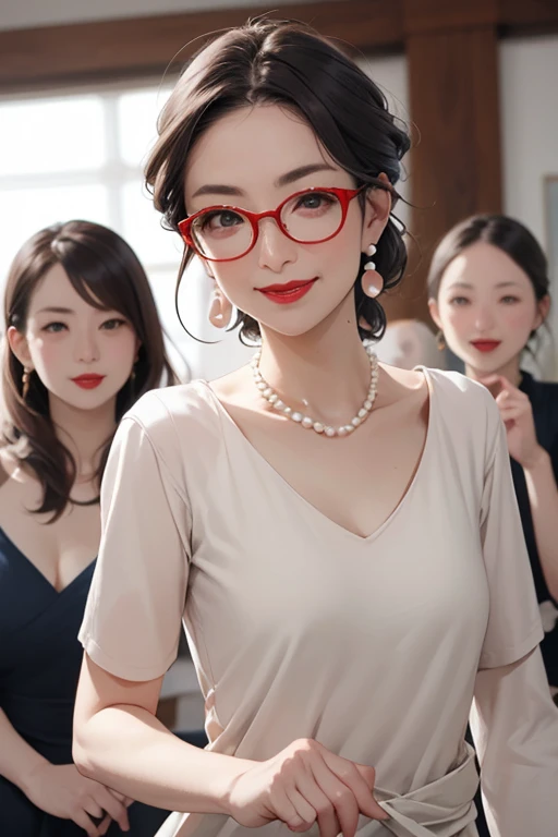 Beautiful mature Japanese woman aged 55, Married women, Long eyelashes, Low Ponytail, wear glasses, Red lipstick, Pink Cheeks, Pearl Necklace, Earrings, Dark eyeshadow, In a negligee, Beautiful body, Focus on the whole body, Functional, sexy