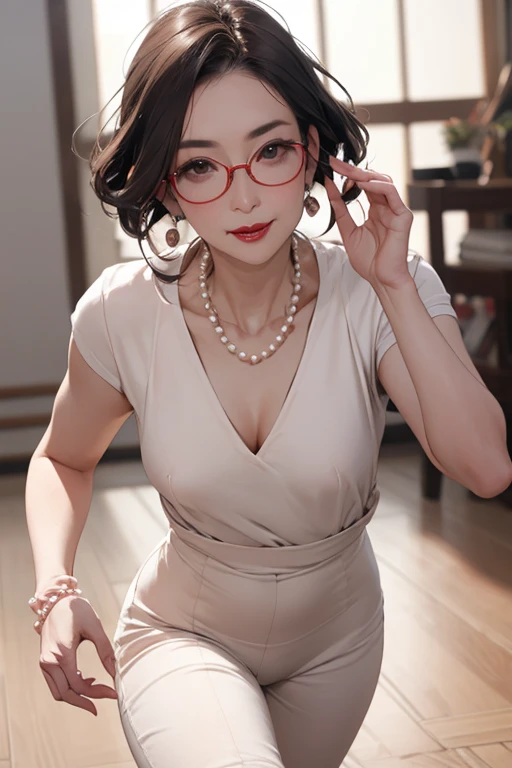 A beautiful 55-year-old Japanese woman, 1 woman, married woman, long eyelashes, bob hairstyle, flowing hair, red lipstick, rosy cheeks, pearl necklace, wearing glasses, earrings, heavy eyeshadow, small breastcing breasts, nudeg, marath