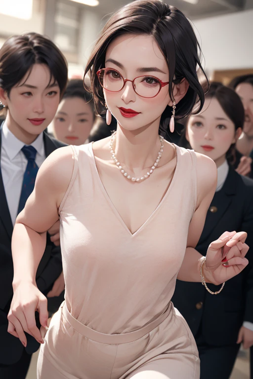 Beautiful and mature 55 year old Japanese woman, Married women, Fine Lines, Long eyelashes, Shining Eyes, Short Bob, (choker), (Bright red lipstick), elegant, Slim figure, Wearing glasses, Pink Cheeks, Pearl Necklace, Earrings, Cute Smile, ((Beige leotard)), Beautiful body lines, Cleavage, Full body focus, Photographed on a crowded train, Browsing Caution,  (Highest quality,4K,8k,High resolution,masterpiece:1.2),