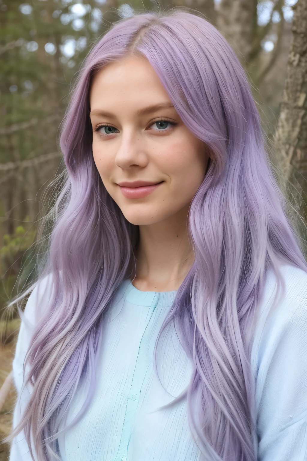 Create a profile picture of a modern, attractive, and sexy female model with long light lilac hair and ice-blue eyes. The model should have a natural and friendly vibe, wearing sustainable, eco-friendly clothing. The background should be a beautiful natural landscape, such as a forest or a picturesque hiking trail, reflecting her love for sustainability and the environment. The model should be smiling confidently, with a stylish yet elegant look that aligns with her interest in sustainable fashion and rural living. Use harmonious and natural colors, focusing on green and earth tones to complement her lilac hair.