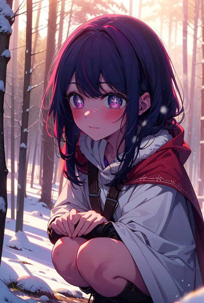 aihoshino, Ai Hoshino, Long Hair, bangs, (Purple eyes:1.1), Purple Hair, (Symbol-shaped pupil:1.5), smile,,smile,blush,white breath,
Open your mouth,snow,Ground bonfire, Outdoor, boots, snowing, From the side, wood, suitcase, Cape, Blurred, , forest, White handbag, nature, Squat, Mouth closed, Cape, winter, Written boundary depth, Black shoes, red Cape break looking at viewer, Upper Body, whole body, break Outdoor, forest, nature, break (masterpiece:1.2), Highest quality, High resolution, unity 8k wallpaper, (shape:0.8), (Beautiful and beautiful eyes:1.6), Highly detailed face, Perfect lighting, Extremely detailed CG, (Perfect hands, Perfect Anatomy),