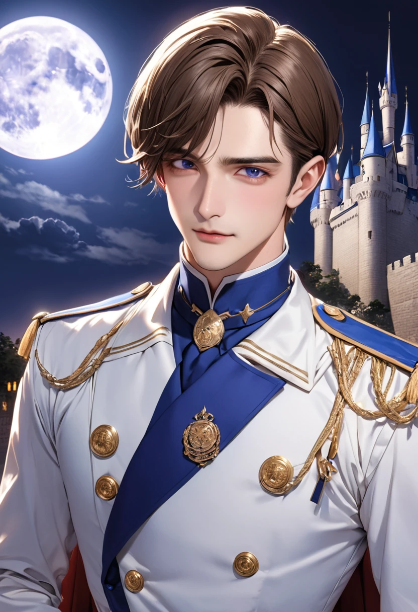 1 male　Brown short hair　Bangs that hide the eyes　The man has purple eyes　Socialite debut　White and blue military uniform　Inside the castle　full moon　緑色のスリムなSmall鳥　Small