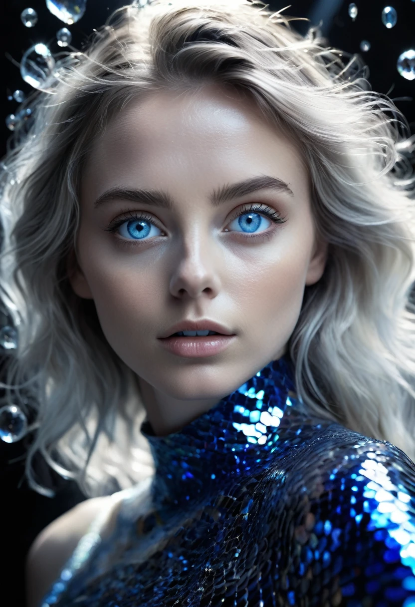 8K,Best quality, masterpiece, ultra high res, (photorealistic:1.4), raw photo, (Authentic skin texture:1.3), (film grain:1.3), (selfie angle), woman beautiful detailed deep blue eyes and face, masterpiece, best quality, close-up, black n white, Broken Glass effect, no background, stunning, something that even doesn't exist, mythical being, energy, molecular, textures, iridescent and luminescent scales, breathtaking beauty, pure perfection, divine presence, unforgettable, impressive, breathtaking beauty, Volumetric light, auras, rays, vivid colors reflects