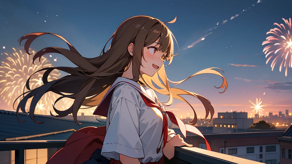 School rooftop at night。Profile of a high school girl laughing and crying while watching fireworks。The high school girl has light brown hair and her long hair is blowing in the wind.。The light of the fireworks gently illuminates my face。
