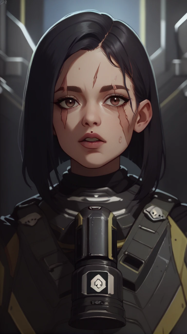 female medic helldiver brown eyes, black hair, with scar over mouth. She is holding a medkit