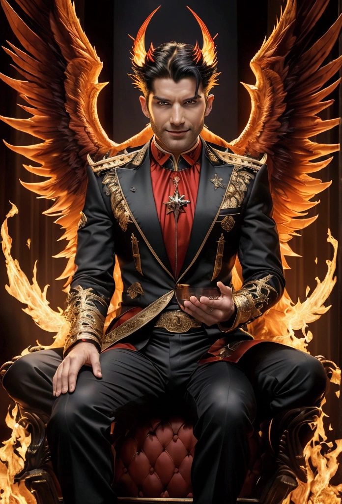 (8k, Best Quality, masterpiece:), Lucifer morning star, a british male angel with dark hair, evil smile, flaming wings, devil, fallen Angel, flames in the background, Details, dark suit, club theme, 1:1 ratio, sitting on a throne drinking whiskey, Details, realist