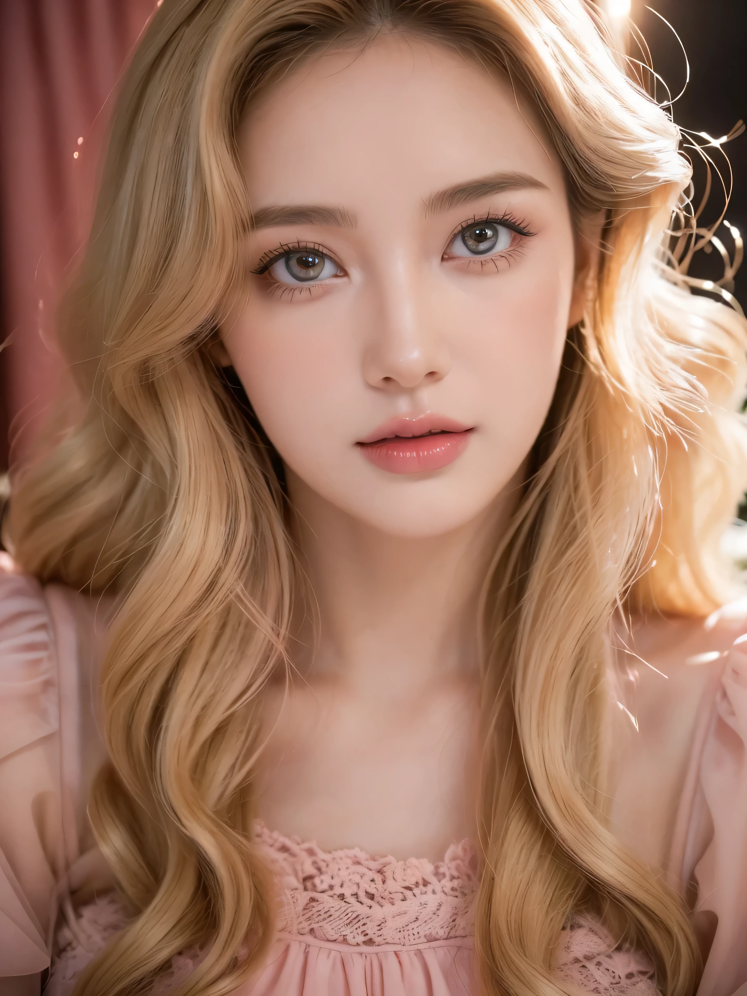 (close up of a beautiful 26 year old girl in a pink vintage dress), movie stock photos, camera f1. 6, saturated colors, Vibrant, lifelike textures, Impressive classic lighting, Modern style, sexy full body photo, Evening, Curly hair has just been dyed light blonde