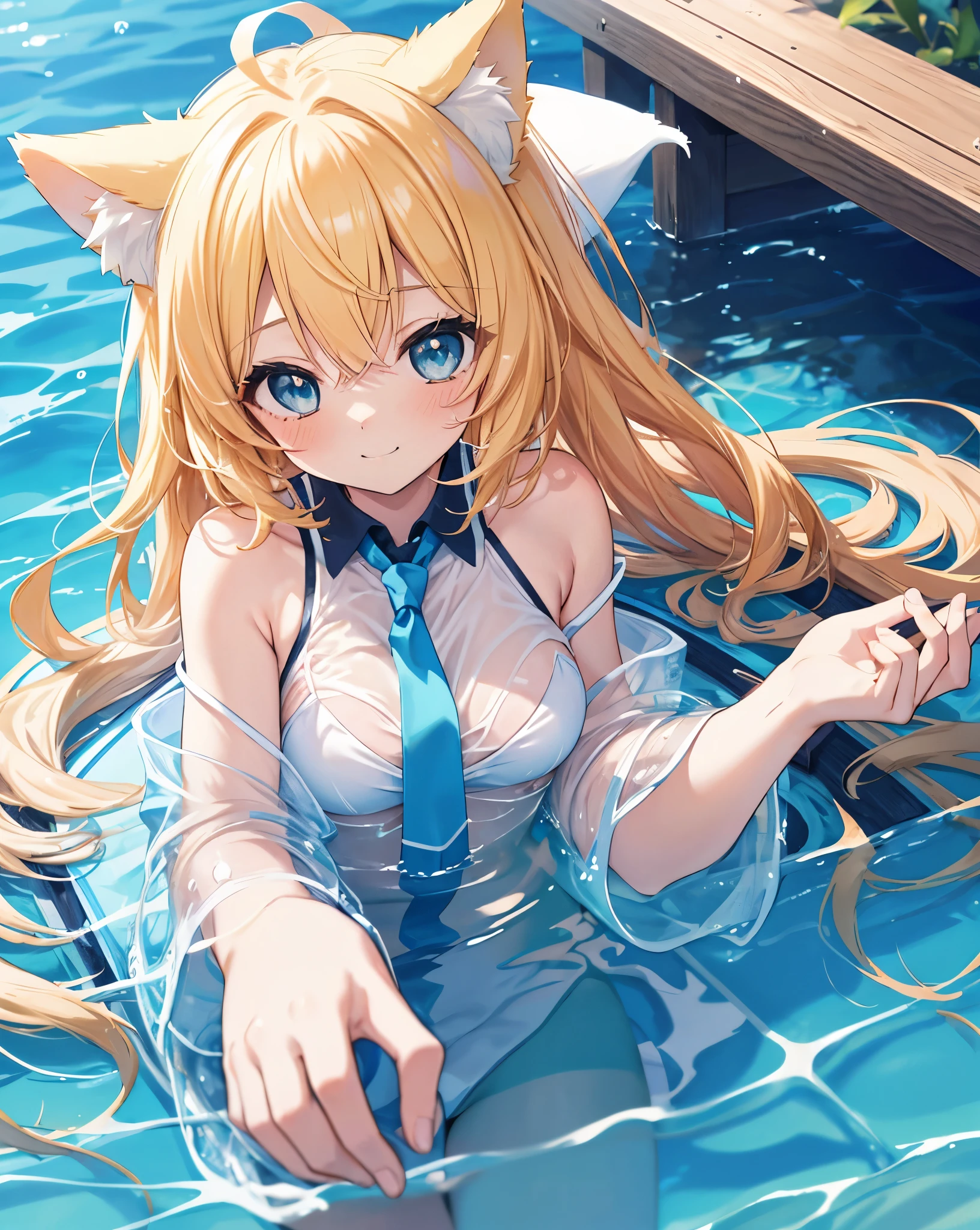 (Highest quality, Masterpiece: 1.2), (Solo), Anime coloring book, 4K quality, 
SUBJECT
(((Girl))), blonde hair, cat ears, cat tail, neko ears, neko tail, little grinning happy smile,Reflexes on blue eyes.
shot from above, cool shot
CLOTHES
untied necktie, bare shoulder, white transparent wet shirt, visible yellow bikini under the shirt, Bare feet visible, blue ribbon on hair.
A girl immersed in the world of anime High school description Noise, she blush.
ACTION
She's floating in the low water, she is lying on her back in the water.
water and starfish around her. 
Relaxing lying on the water, sexy pose
blue eyes.
LOCATION 
beach, sun reflexes on the water, fantastic light, beautiful light, Beautiful, clear water, dream, heaven