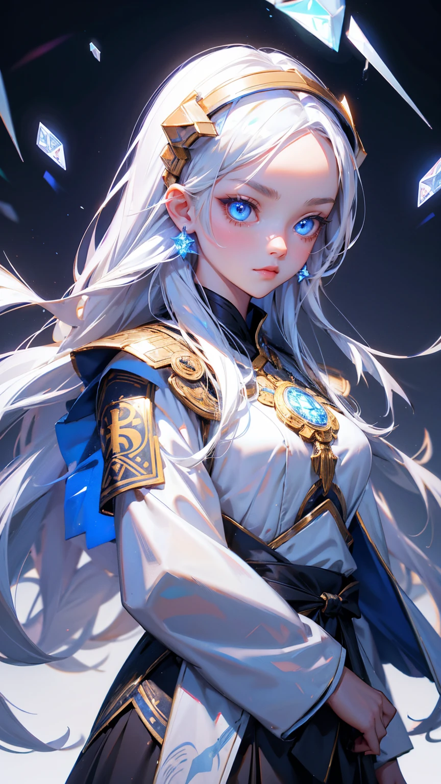 cute girl with blue eyes, bitcoin symbols in eyes, forehead bitcoin symbols, long white hair, wearing ancient Asian armor and helmet with glowing crystals on top, grey background