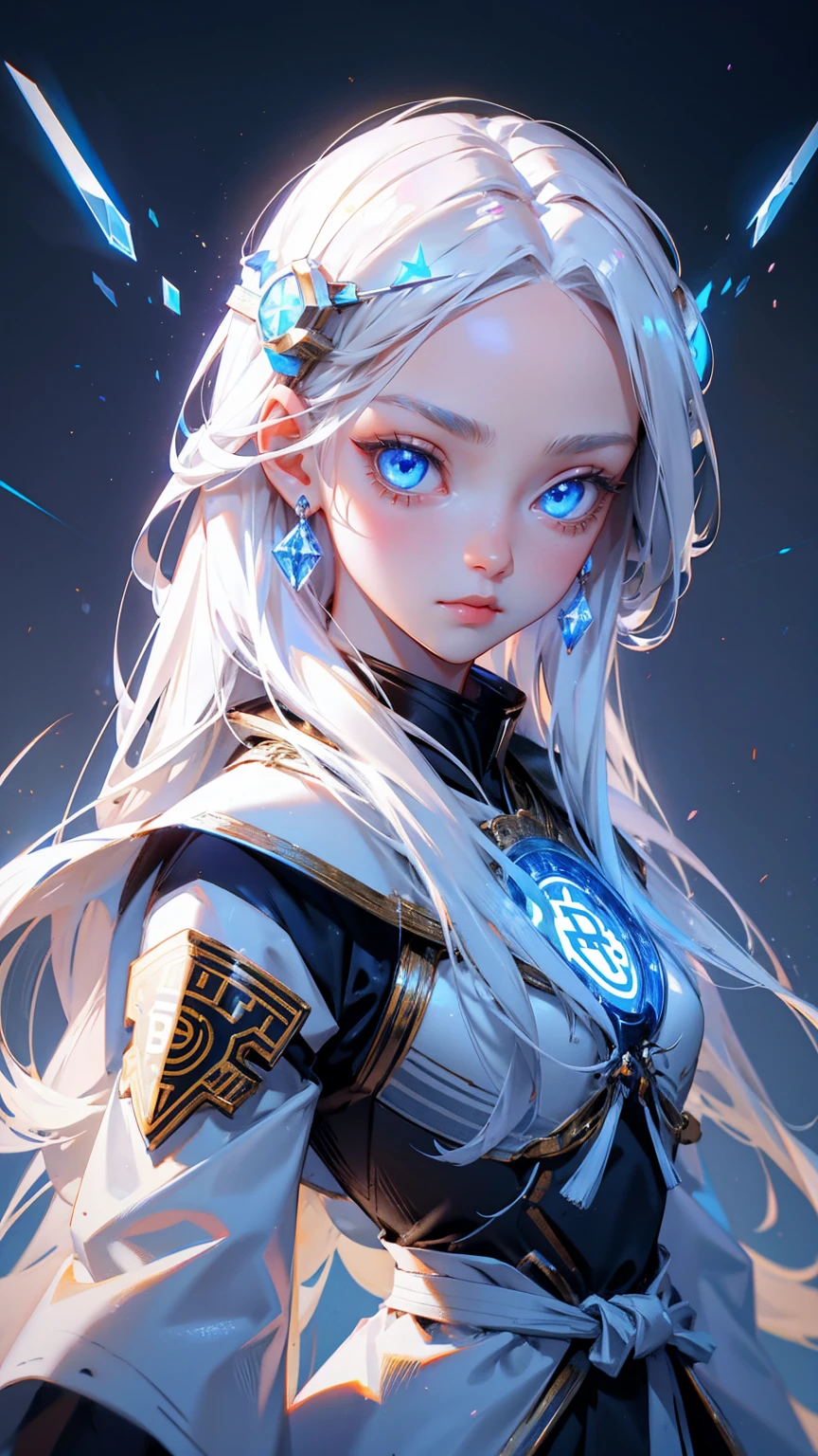 cute girl with blue eyes, bitcoin symbols in eyes, forehead bitcoin symbols, long white hair, wearing ancient Asian armor and helmet with glowing crystals on top, grey background