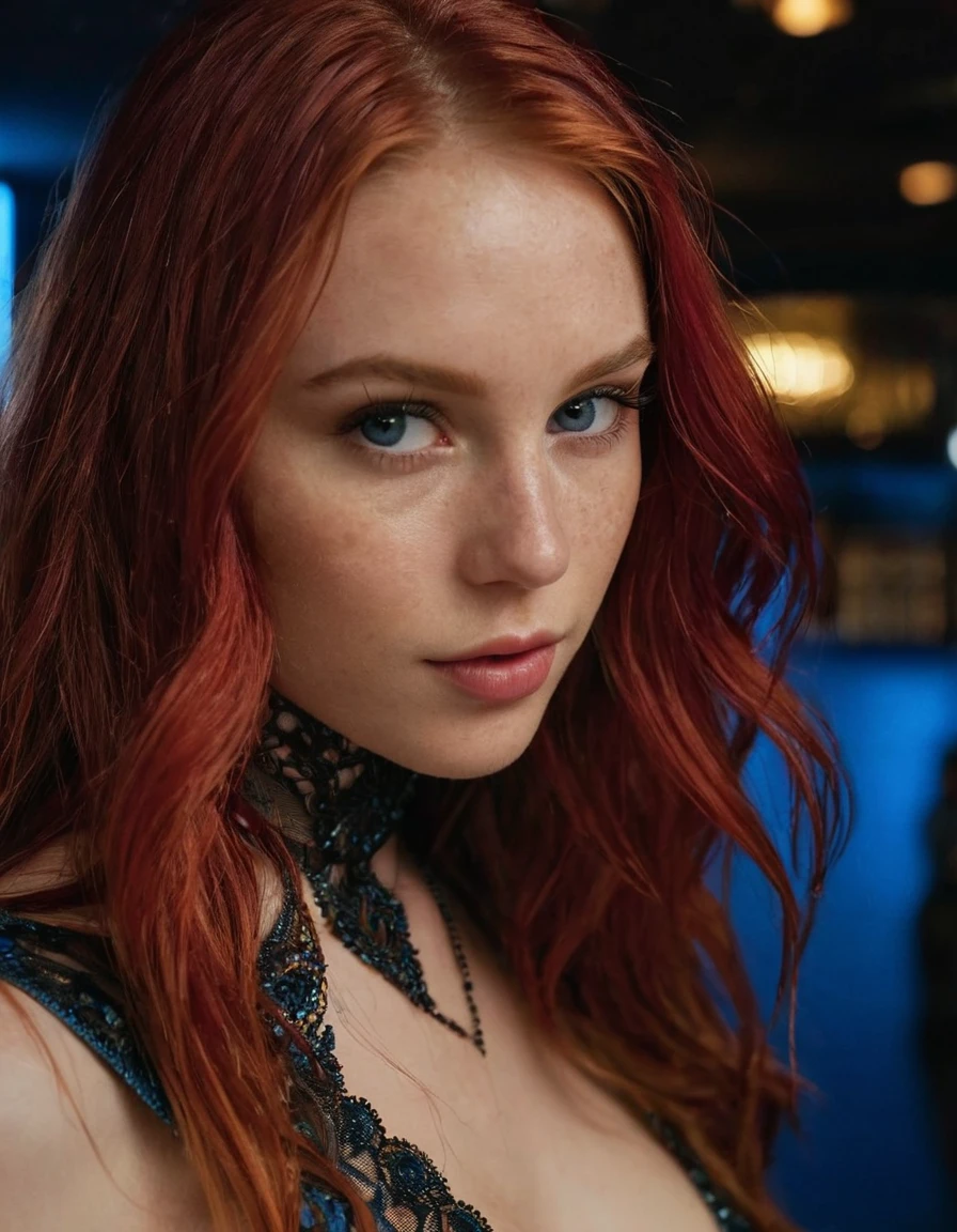 full body shot, a 22 year old gorgeous woman, in love with the viewer, detailed skin face and eyes , natural lighting , sexy body shape, medium breasts, in a nightclub wearing a very short dress, striking a creative and playful model-like pose, close up view, long red hair, film grain, natural face, blue eyes, dark circles under eyes. ((extreme detail)), (ultra-detailed), best quality, ultra high res, (8k, RAW photo, masterpiece, realistic, photorealistic:1.4), 8k uhd, dslr, absurdres, ray tracing, high quality texture, intricate details, detailed texture, finely detailed