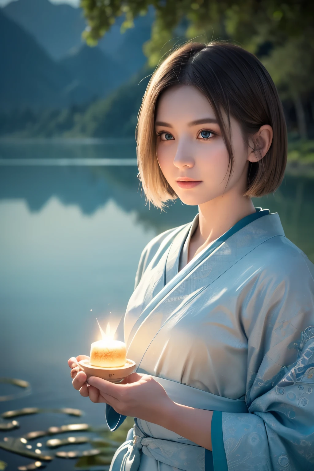 (8k, Surreal,最high quality, high quality, High resolution, high quality texture, masterpiece:1.2, Detailed CG,Detailed Texture, Unreal Engine), (Small face, Realistic expression), (Skin with attention to detail:1.2), One Woman, Vibrant colors and captivating effects、((A girl experiences the Tyndall pattern, blending seamlessly with her surroundings, Light blue kimono)), ((Tyndall effect:1.5, Water reflection)), Short Bob Hair,Beautiful white hair,Beautifully detailed light blue eyes, Seductive thin lips, Delicate features, Surreal and dream-like atmosphere, Digital Rendering Techniques, (((A sacred shrine floating on a lake, A harmonious and tranquil background, Intricate details))), Unique and captivating composition, bright and vivid shades, A sense of delight and wonder, Cinema Lighting, Soft and delicate lighting, Gentle glow, Highlighting complex Tyndall patterns, The overall atmosphere of the scene,