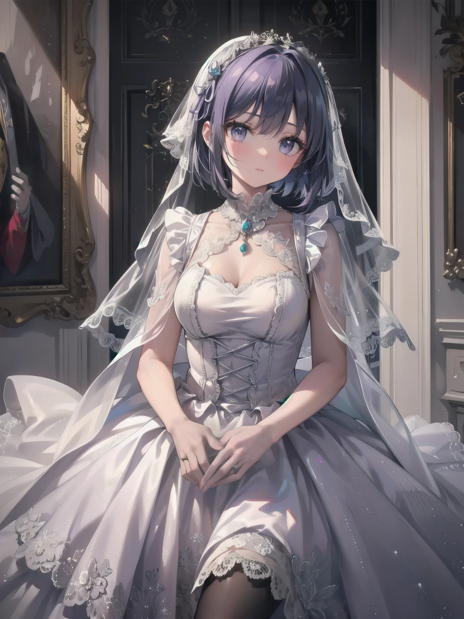  bride: wedding ring shining on ring finger Fusion of medieval European fashion Emphasis on elements of cuteness and adoration Posed illustration of the overwhelming cuteness of the character in the foreground Overwhelming architectural and cityscape background Ultra-detailed, rich, contemporary interpretation of medieval Europe and fantasy world Realistic textures, Professional artistic shading and light sources, scene-like cinematography and effects, depth of subject One beautiful girl, super cute, bob cut, side ponytail, perfect anatomy 
Colours: pastel, white, pale purple, blue, gingham check 
Materials: chiffon, lace, satin, velvet, etc. Silhouette: fluffy skirt, A-line, long length 
Decoration: frills, ribbons, lace, pearls, embroidery etc. Coordinates Romantic princess: pastel dress, lace blouse, fluffy skirt, ribbon hair accessory, black tights Add accessories and accessories to personalise.