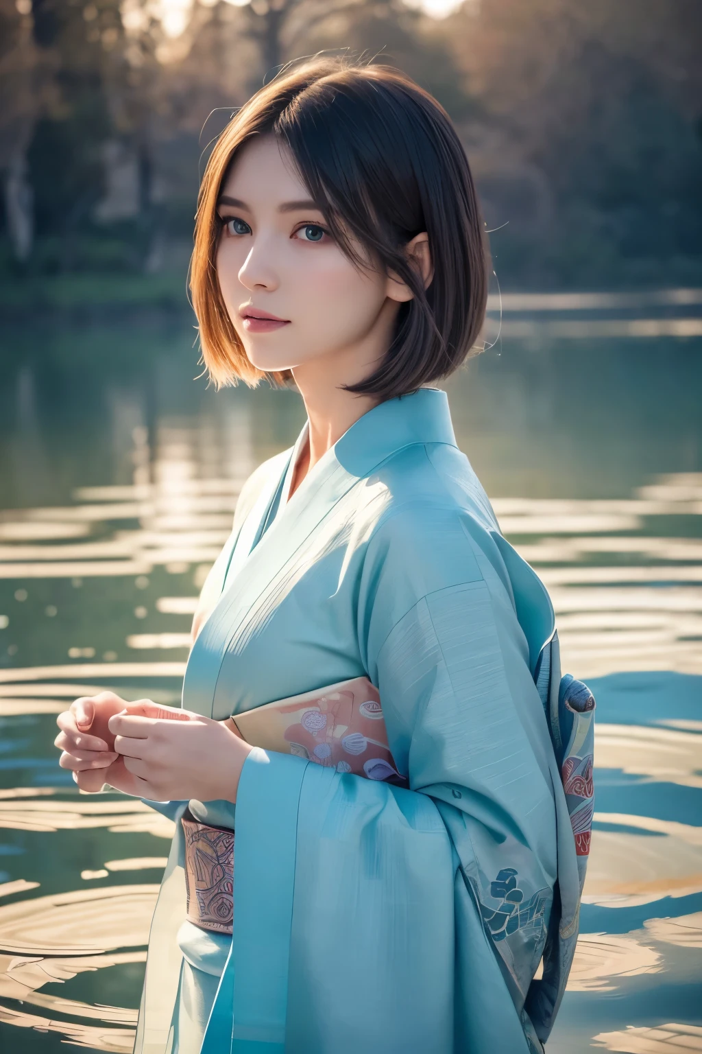 (8k, Surreal,最high quality, high quality, High resolution, high quality texture, masterpiece:1.2, Detailed CG,Detailed Texture, Unreal Engine), (Small face, Realistic expression), (Skin with attention to detail:1.2), One Woman, Vibrant colors and captivating effects、((A girl experiences the Tyndall pattern, blending seamlessly with her surroundings, Light blue kimono)), ((Tyndall effect:1.5, Water reflection)), Short Bob Hair,Beautiful white hair,Beautifully detailed light blue eyes, Seductive thin lips, Delicate features, Surreal and dream-like atmosphere, Digital Rendering Techniques, (((A sacred shrine floating on a lake, A harmonious and tranquil background, Intricate details))), Unique and captivating composition, bright and vivid shades, A sense of delight and wonder, Cinema Lighting, Soft and delicate lighting, Gentle glow, Highlighting complex Tyndall patterns, The overall atmosphere of the scene,