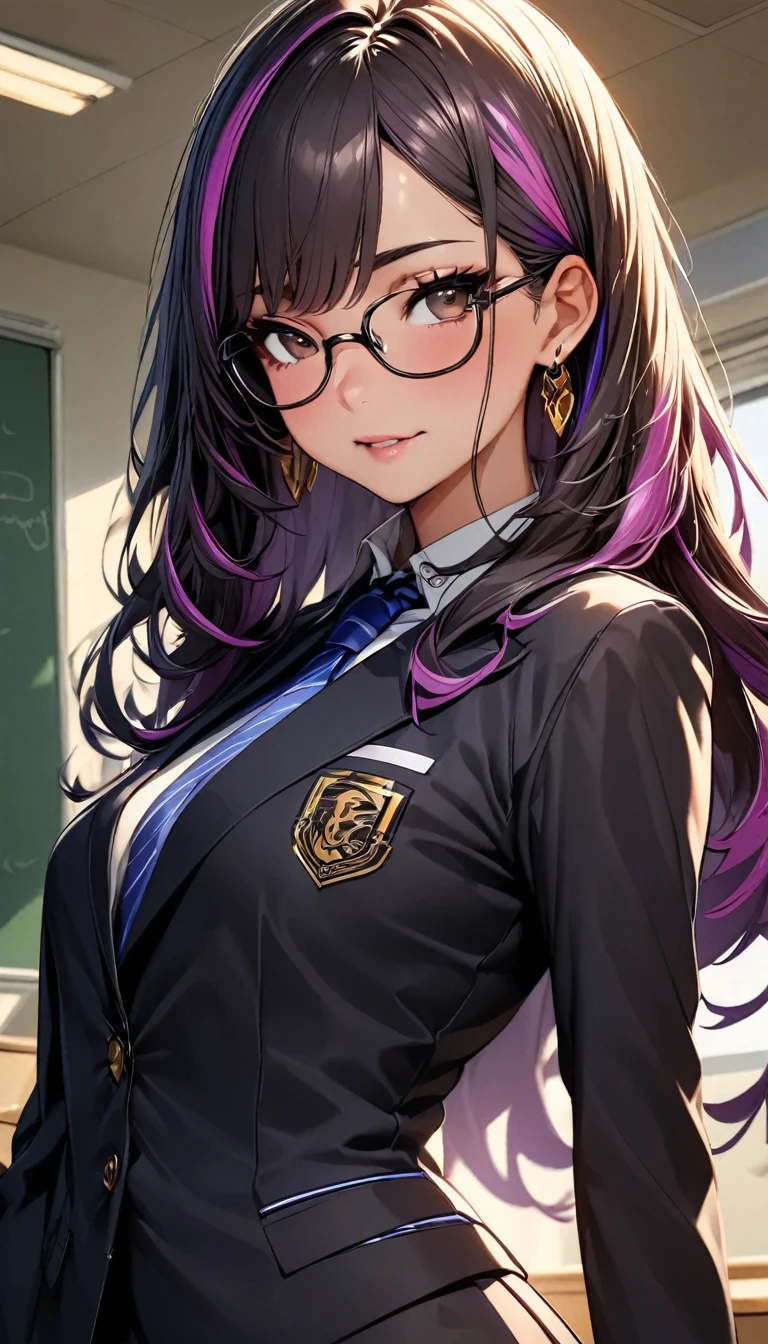 (highest quality:1.2, Very detailed, up to date, Vibrant, Ultra-high resolution, High Contrast, masterpiece:1.2, highest quality, Best aesthetics), Portraiture、girl、((25-years-old:1)), teacher, suit, glasses, Bright colors、Beautiful fine details、Beautiful lip detail, long hair、black and purple ((streaked hair:1.6)), highlights hair: 1.5, brown eyes, gold earrings, ((slim body:1.4)), (small breast:0.7), (dark skin:0.5)), school, inside the classroom, (cowboy shot:1.5),