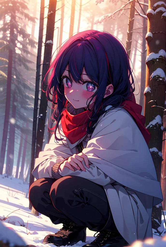 aihoshino, Ai Hoshino, Long Hair, bangs, (Purple eyes:1.1), Purple Hair, (Symbol-shaped pupil:1.5), smile,,smile,blush,white breath,
Open your mouth,snow,Ground bonfire, Outdoor, boots, snowing, From the side, wood, suitcase, Cape, Blurred, , forest, White handbag, nature, Squat, Mouth closed, Cape, winter, Written boundary depth, Black shoes, red Cape break looking at viewer, Upper Body, whole body, break Outdoor, forest, nature, break (masterpiece:1.2), Highest quality, High resolution, unity 8k wallpaper, (shape:0.8), (Beautiful and beautiful eyes:1.6), Highly detailed face, Perfect lighting, Extremely detailed CG, (Perfect hands, Perfect Anatomy),