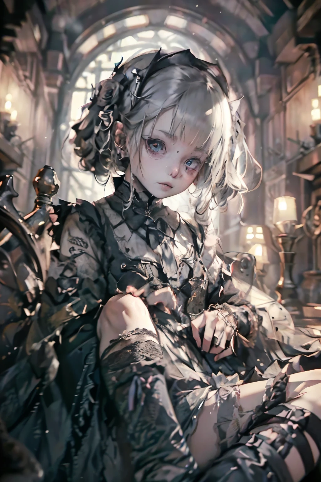 ((best quality)), ((masterpiece)), (detailed), blank white background, plain background, white background, red and white clothing, Bloodborne inspired, occult aesthetic, occult, detailed and intricate steampunk and detailed gothic, NSFW, Very dramatic and cinematic lighting, cosmic horror, grim-dark, side-lighting, perfect face, NSFW, Fluttering lace flared long knee length dress with frilly petticoats, knee length dress, pleated petticoats, ta dress, petticoats gothic lolicomplex lace boots, wielding a sword and holding a shield, side-lighting, gothic lolita aetic, NSFW, beautiful small breasts, small breasts, full body, whole body, body, plain background, white background, blank background, no background, white background NSFW, full body, whole body, head-to-toe