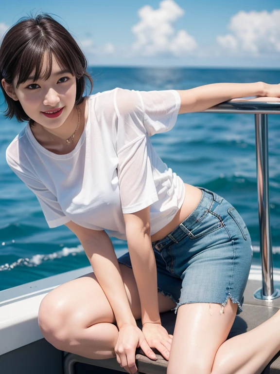 (( Legs)), ((whole body)),practical, Stylish girl,1girl,sexye,best quality,masterpiece,illustration,an extremely delicate and beautiful,CG,unity,8k wallpaper,Amazing,finely detail,masterpiece,official art,extremely detailed CG unity 8k wallpaper,incredibly absurdres,huge filesize,ultra-detailed,highres,extremely detailed,beautiful detailed girl,realistic,outdoors,light contrast,(White tee shirt、Shorts,、Red lipstick、Looking from below、smile、(Ocean、Ocean岸で歩いている)、Short Hair、On the boat、