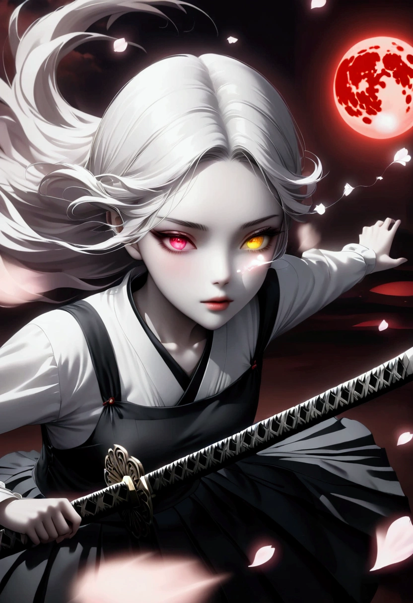 Japanese Anime：1 Girl, Beautiful and delicate eyes, heterochromia，Beautiful and delicate lips, Extremely detailed eyes and face, Long eyelashes, elegant posture, White long hair,((( Black pleated skirt))), (((Glowing katana, Motion Blur, Petals in the air,))) Blurred foreground, Focus on the face, Japanese Anime Art Style, Powerful energy, Dynamic Action, Red Moon, dark purple tones,
