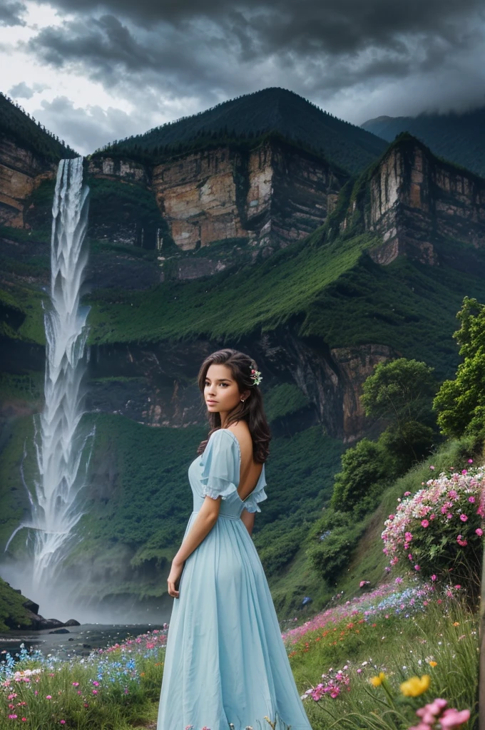 A beautiful girl and with a boy image from back side in light blue frock dress, with beautiful nature - flowers, waterfall, mountains, 
very dark clouds and dark weather with rain