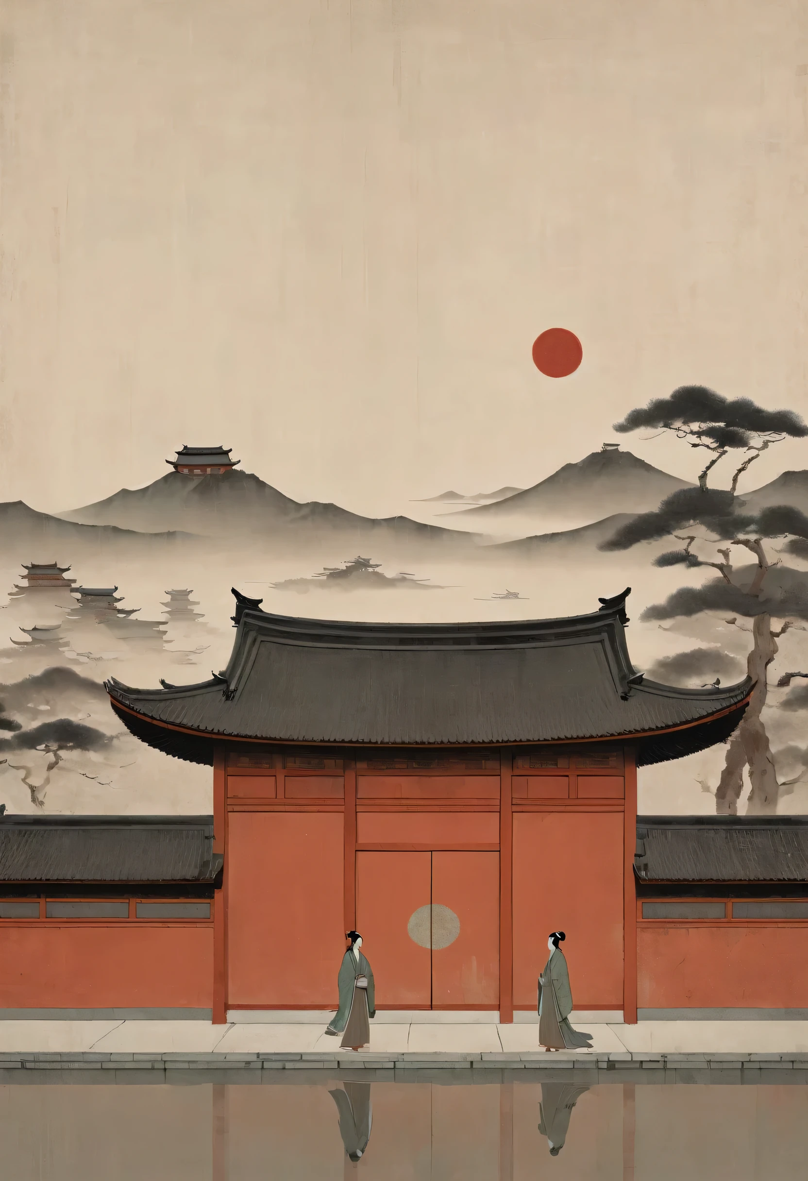 Minimalist Song dynasty mural by Alessandro Gottardo,Dream of Red Mansions,Heian period, Zen, dark dull brick red and light charcoal style, enigmatic, elegant cityscape, historical painting, super fine detail, monumental mural,Fine brushwork style, new Chinese style, aesthetic conception