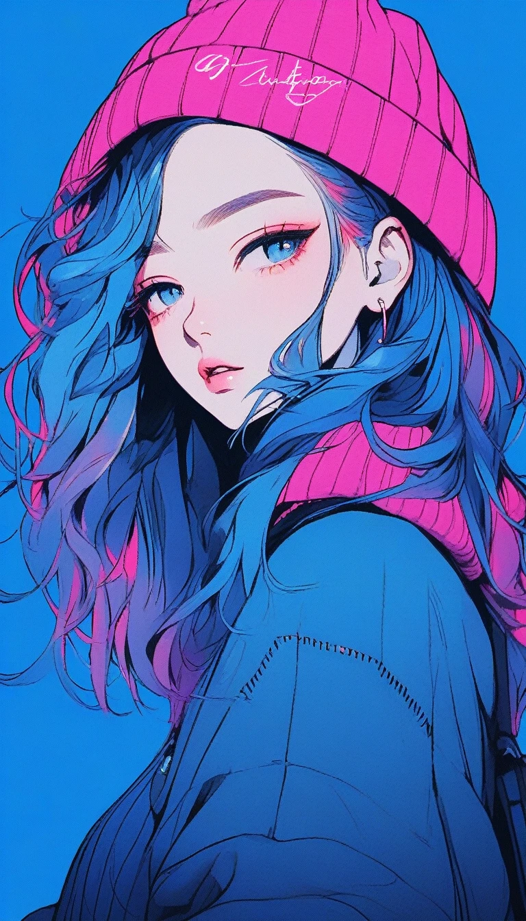 illustrator, anime , realistic ,sketch , 1 girl, ,lip, sweater,order, Blue gradient background, neon hair,Textured trim, Canadian, (masterpiece,Best quality) ganyou