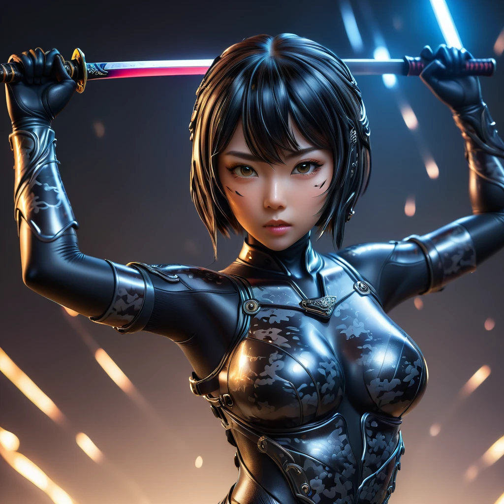 A beautiful and youthful female cyborg ninja is posing in a high cut latex suit with night camouflage pattern, holding a samurai sword with both hands and raising her arms to show her armpits. Highly detailed, (Best Quality, 4k, 8k, High Resolution, Masterpiece: 1.2), Ultra detailed, (Realistic, Photorealistic, Photorealistic: 1.37), Hyperrealistic, Intricate details, Cinematic lighting, Dramatic atmosphere, Sharp focus, Vivid colors, Professional 3D rendering