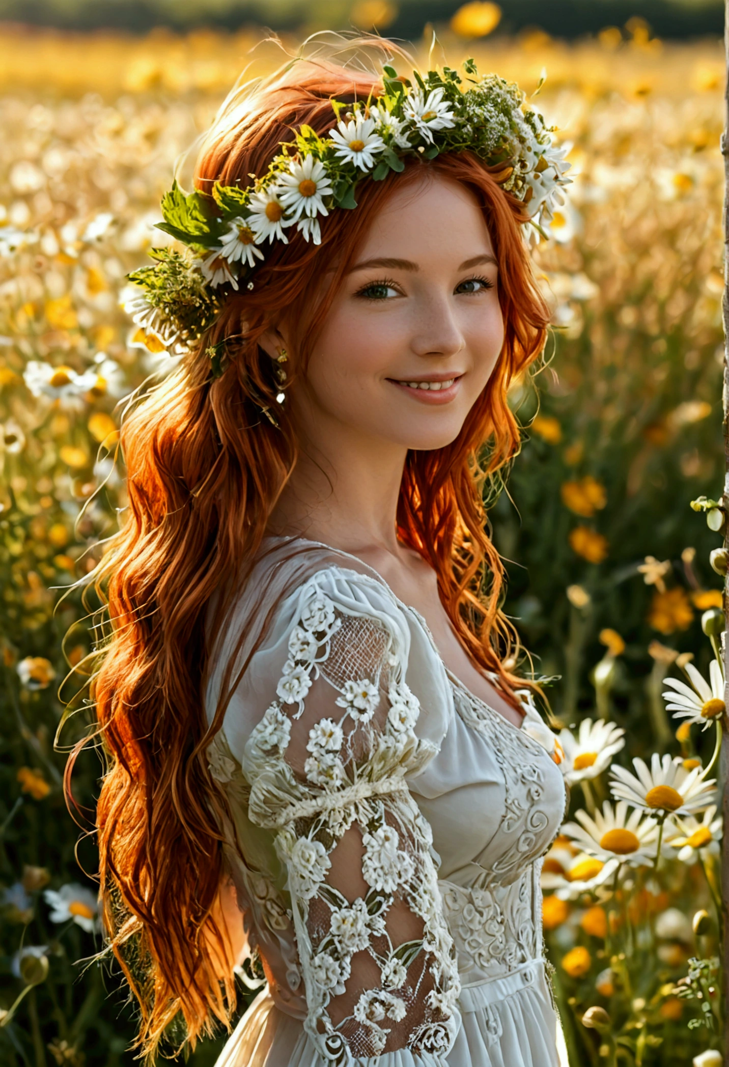 (full body shot:1.7) photorealistic image of a (standing pose:1.1) woman, ultra realistic, photography, long red hair, girl, 24 years old, hourglass figure, perfect body, Flirty look, natural medium breasts, blur background, standing in a field of daisies, wearing a long white dress, wearing a flowercrown, smiling, sunny day, sunshine