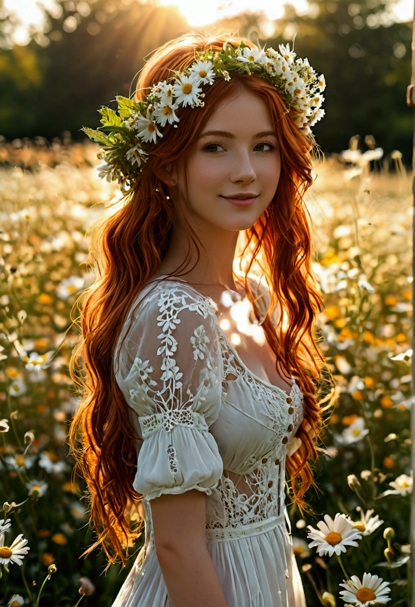 (full body shot:1.7) photorealistic image of a (standing pose:1.1) woman, ultra realistic, photography, long red hair, girl, 24 years old, hourglass figure, perfect body, Flirty look, natural medium breasts, blur background, standing in a field of daisies, wearing a long white dress, wearing a flowercrown, smiling, sunny day, sunshine