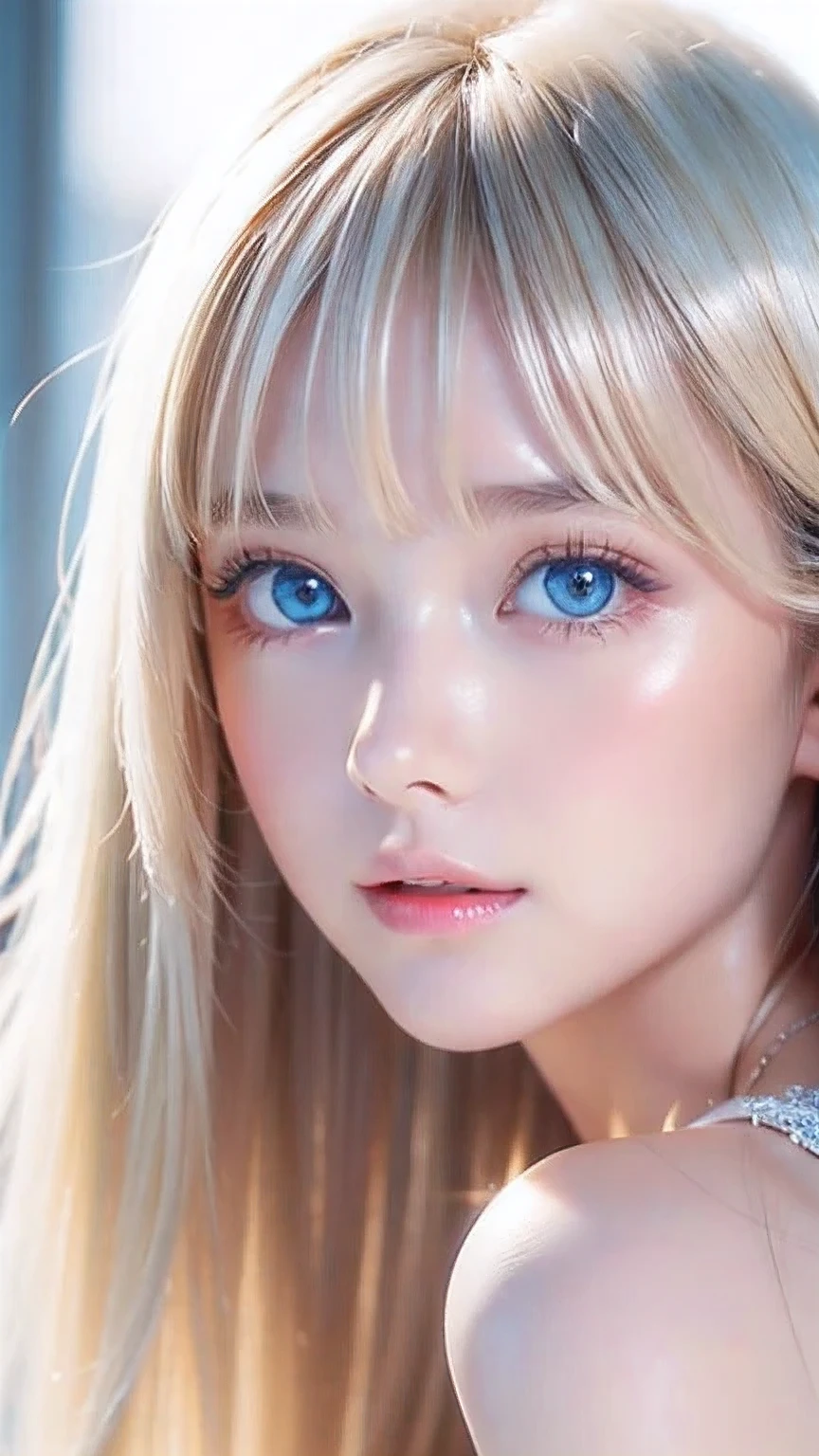 The Shining, clear, White skin、Her windblown blonde hair hides her beautiful face、A stunning 16-year-old blonde beauty、Bangs between the eyes、Cute sexy little beautiful face、Eye-catching, beautiful, super long straight hair、growing up, Large, sparkling, very bright light blue eyes、Long, silky bangs that cover cute eyes, Sexy and cute young woman with super long hair hiding her sexy face、Ultra long platinum hair、Small Face Beauty、Round face、Cheek gloss highlighter、