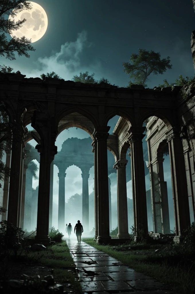 Arriving at the ruins, they found that the place was truly terrifying. Broken pillars, rotten walls, and bushes everywhere. The noise of the wind in the stillness of the night was heartbreaking. Ahmed said, "Come on in, let's see what this ghost is like." Everyone else was supportive.