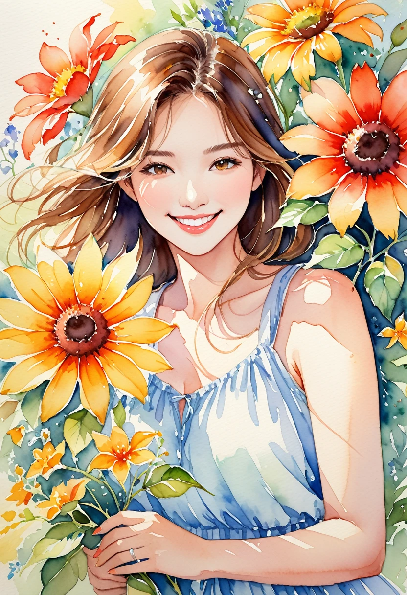 This is a very detailed watercolor painting, depicting flowers reminiscent of summer and a beautiful smiling woman.