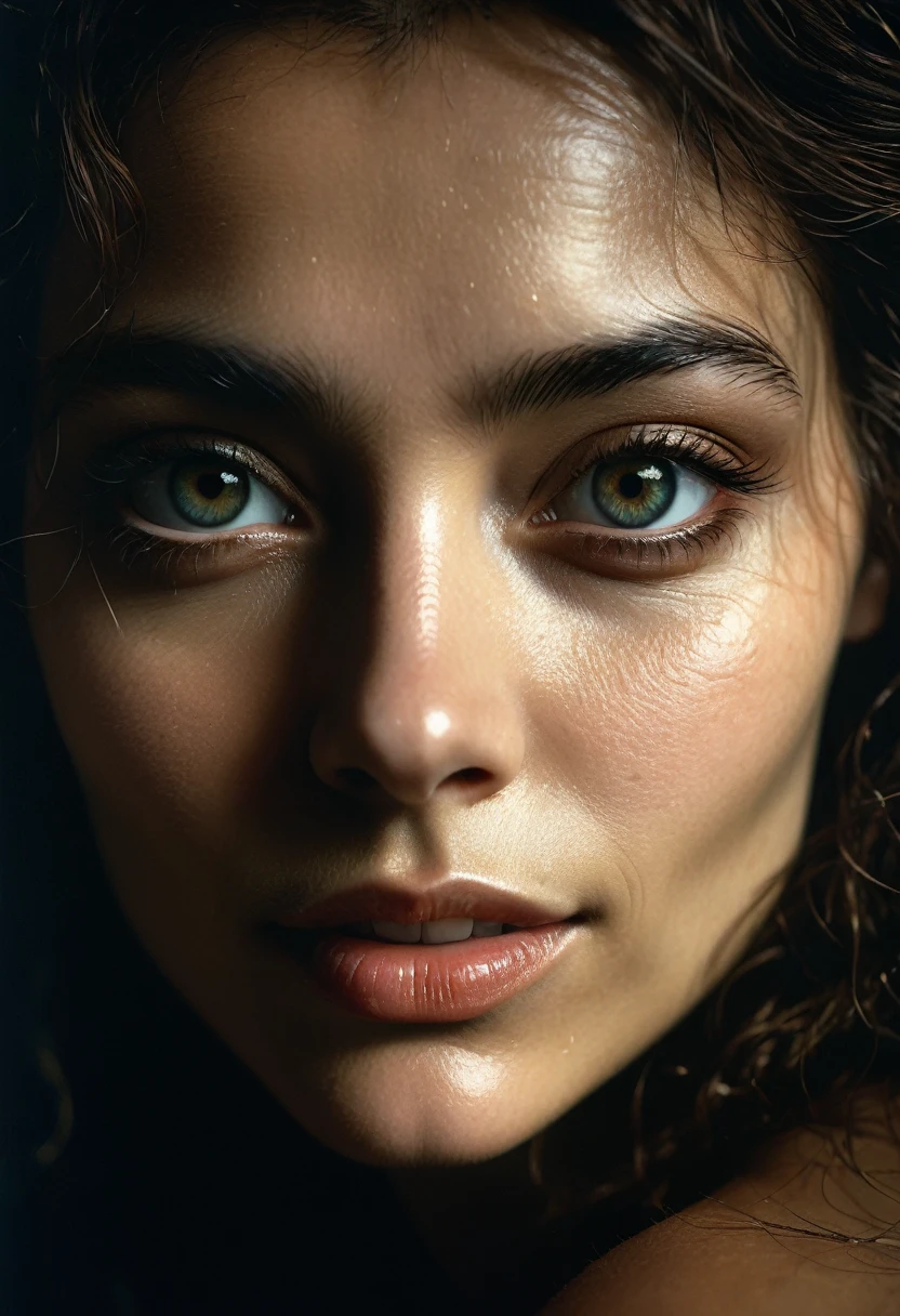 close-up, editorial photograph of a woman, highly detailed face:1.4, smile:0.7, background inside dark, moody, private study:1.3, POV, by lee jeffries, nikon d850, film stock photograph ,4 kodak portra 400 ,camera f1.6 lens ,rich colors ,hyper realistic ,lifelike texture, dramatic lighting , cinestill 800,, perfect composition, beautiful detailed intricate insanely detailed octane render trending on artstation, 8 k artistic photography, photorealistic concept art, soft natural volumetric cinematic perfect light, chiaroscuro, award - winning photograph, masterpiece, oil on canvas, raphael, caravaggio, greg rutkowski, beeple, beksinski, giger