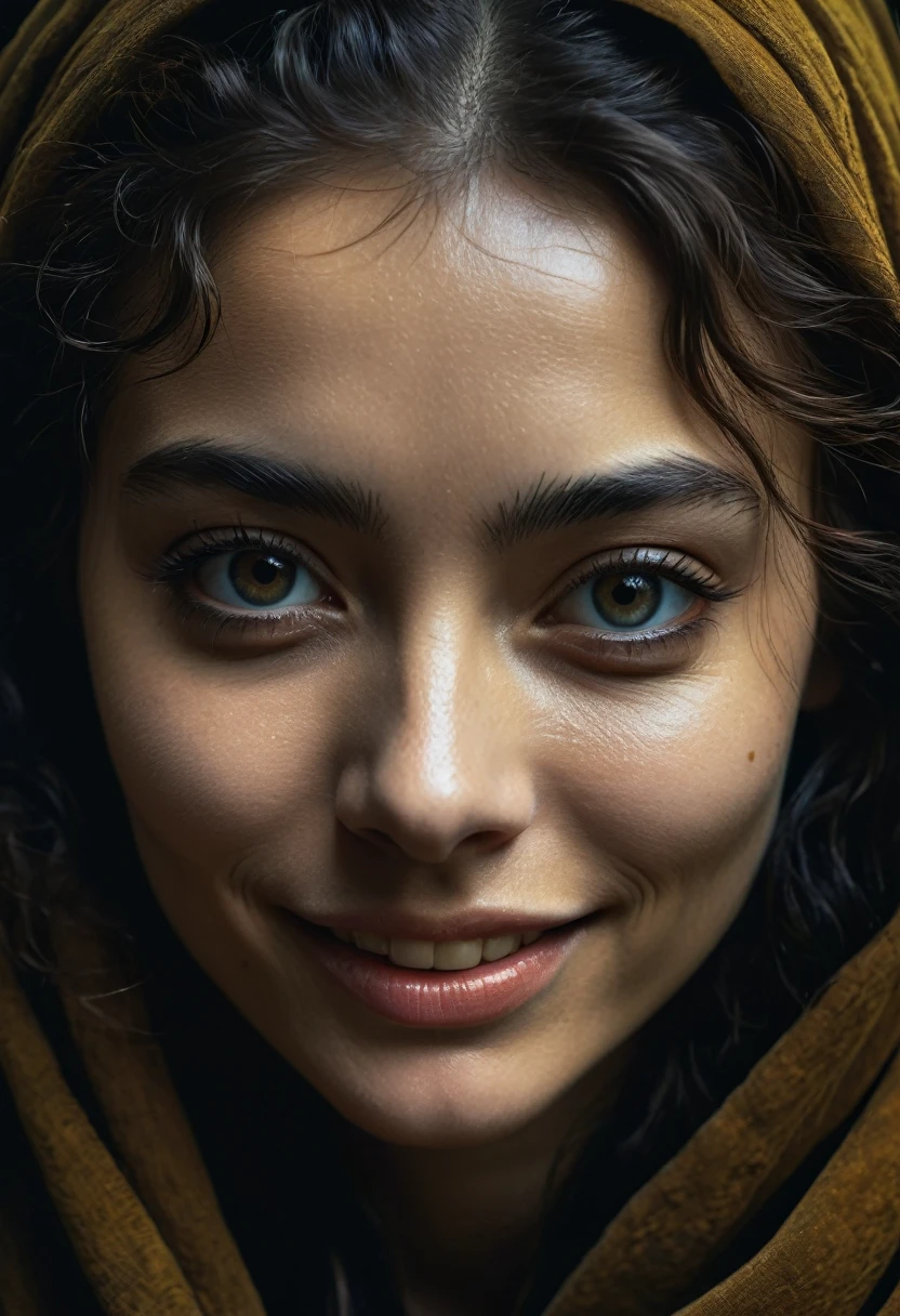 close-up, editorial photograph of a woman, highly detailed face:1.4, smile:0.7, background inside dark, moody, private study:1.3, POV, by lee jeffries, nikon d850, film stock photograph ,4 kodak portra 400 ,camera f1.6 lens ,rich colors ,hyper realistic ,lifelike texture, dramatic lighting , cinestill 800,, perfect composition, beautiful detailed intricate insanely detailed octane render trending on artstation, 8 k artistic photography, photorealistic concept art, soft natural volumetric cinematic perfect light, chiaroscuro, award - winning photograph, masterpiece, oil on canvas, raphael, caravaggio, greg rutkowski, beeple, beksinski, giger