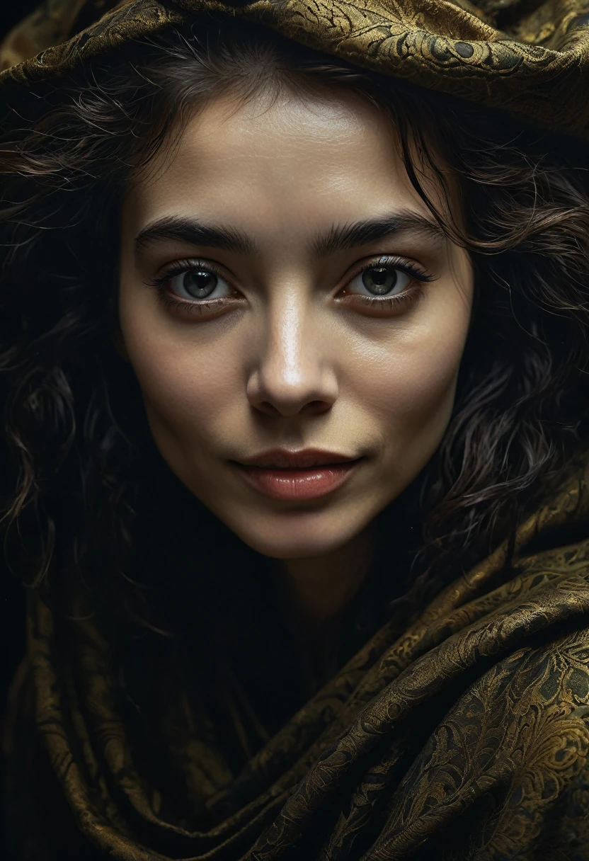 close-up, editorial photograph of a woman, highly detailed face:1.4, smile:0.7, background inside dark, moody, private study:1.3, POV, by lee jeffries, nikon d850, film stock photograph ,4 kodak portra 400 ,camera f1.6 lens ,rich colors ,hyper realistic ,lifelike texture, dramatic lighting , cinestill 800,, perfect composition, beautiful detailed intricate insanely detailed octane render trending on artstation, 8 k artistic photography, photorealistic concept art, soft natural volumetric cinematic perfect light, chiaroscuro, award - winning photograph, masterpiece, oil on canvas, raphael, caravaggio, greg rutkowski, beeple, beksinski, giger