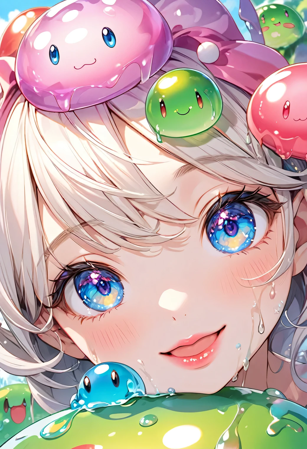 cute slime girl, Slime, jiggling, muddy, girl, cute, playing, looking like fun, good friends, fairy tale, cute anime illustration, (beautiful detailed eyes, beautiful detailed lips, extremely detailed eyes and face, long eyelash), cheerful expression, little smile