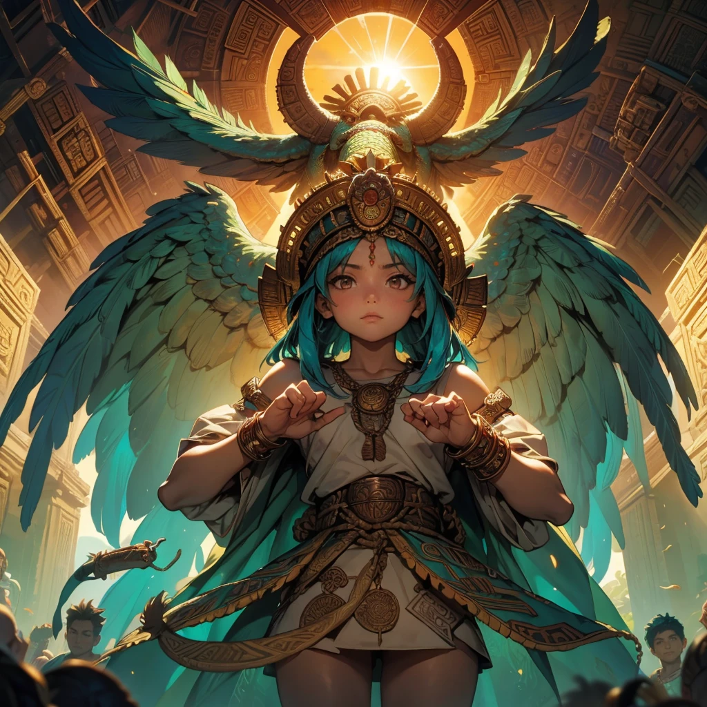 Childish,  high quality、Very detailed、８Year、Mayan Aztec young priestess、Flying Feathered Serpent（Quetzalcoatl Kukulkan）look up at the sky and pray、Chichen Itza Forest Temple of the Sun、mysterious、The whole body is visible