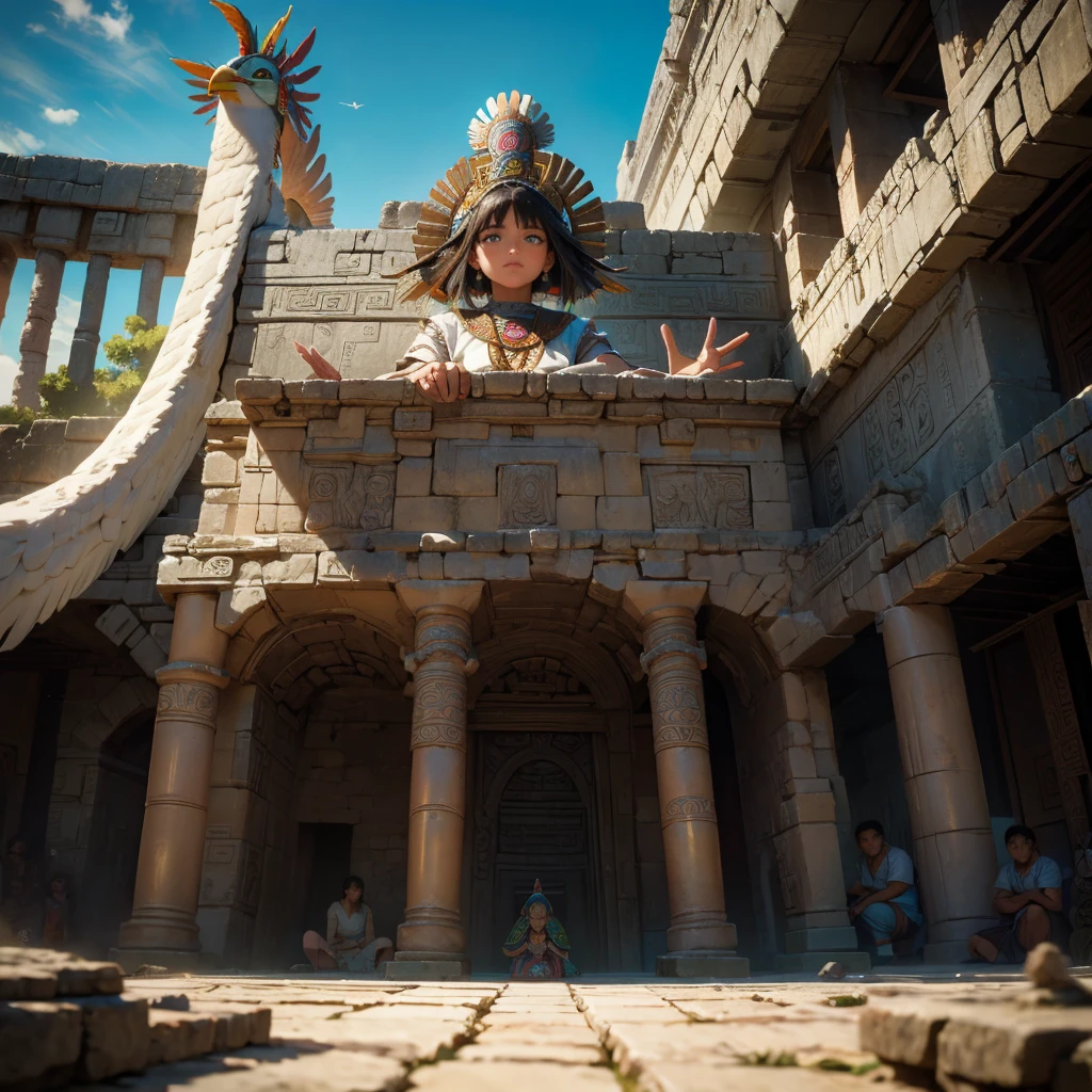 Childish,  high quality、Very detailed、８Year、Mayan Aztec young priestess、Flying Feathered Serpent（Quetzalcoatl Kukulkan）look up at the sky and pray、Chichen Itza Forest Temple of the Sun、mysterious、The whole body is visible
