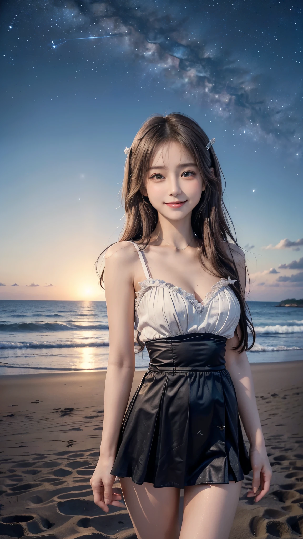 ((Standing on the beach with a beautiful starry sky:1.2、Midnight Sea))、(Big beautiful breasts:1.4、Fascinating Cleavage:1.3)、(14 year old beautiful girl:1.5、Japanese Idol、Idol Face:1.3、Baby Face:1.5)、Slender body line、Small and slender figure、((Wearing a lovely miniskirt dress:1.3))、(Detailed eyes and face:1.2、Professional photography techniques、Cinema Lighting)、(Detailed hands:1.1、The right move:1.2)、((Beautiful waistline:1.3、Tight waist:1.3、Slim Belly:1.3))、Thin thighs、Beautiful buttockoisturizing lips、(Beautiful eyes with attention to detail)、double eyelid、Small Nose、Cute Face、Beautiful Skin、(Correct Anatomy)、(Highest quality、Highest quality、Masterpiece:1.2、Ultra high definition)、(Reality:1.37)、(Gaze at the viewer:1.2、blush:1.2、Idol Smile:1.3)