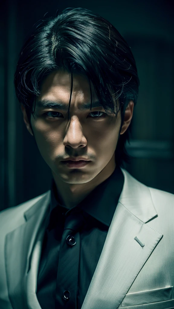 A handsome Korean man with medium-length black hair with white streaks in the front, red eyes, wearing a suit, with a serious expression, intricate details, hyper-realistic, cinematic lighting, moody atmosphere, dramatic shadows, striking pose, beautiful portrait