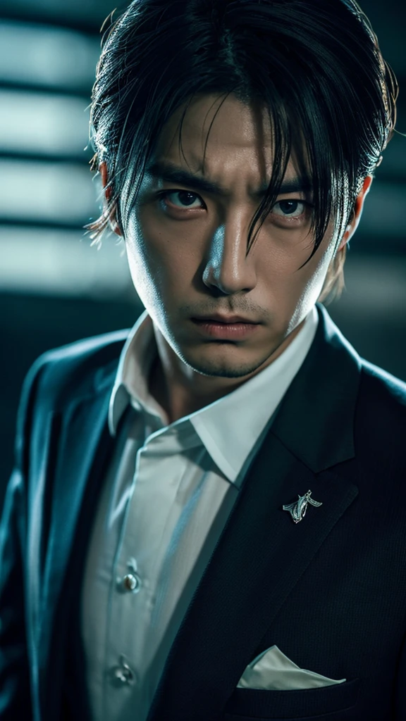 A handsome Korean man with medium-length black hair with white streaks in the front, red eyes, wearing a suit, with a serious expression, intricate details, hyper-realistic, cinematic lighting, moody atmosphere, dramatic shadows, striking pose, beautiful portrait