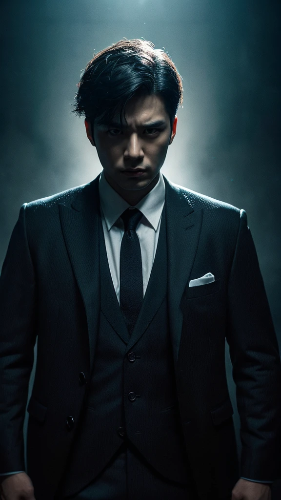 A handsome Korean man with medium-length black hair with white streaks in the front, red eyes, wearing a suit, with a serious expression, intricate details, hyper-realistic, cinematic lighting, moody atmosphere, dramatic shadows, striking pose, beautiful portrait