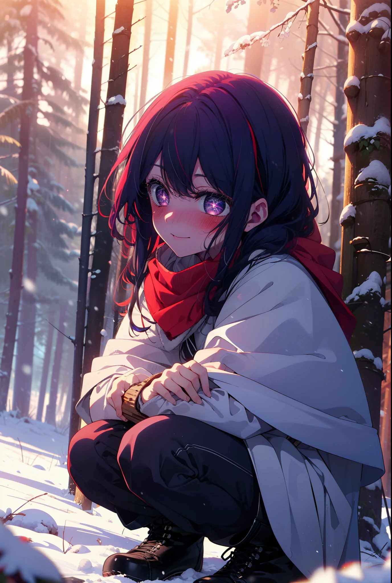aihoshino, Ai Hoshino, Long Hair, bangs, (Purple eyes:1.1), Purple Hair, (Symbol-shaped pupil:1.5), smile,,smile,blush,white breath,
Open your mouth,snow,Ground bonfire, Outdoor, boots, snowing, From the side, wood, suitcase, Cape, Blurred, , forest, White handbag, nature, Squat, Mouth closed, Cape, winter, Written boundary depth, Black shoes, red Cape break looking at viewer, Upper Body, whole body, break Outdoor, forest, nature, break (masterpiece:1.2), Highest quality, High resolution, unity 8k wallpaper, (shape:0.8), (Beautiful and beautiful eyes:1.6), Highly detailed face, Perfect lighting, Extremely detailed CG, (Perfect hands, Perfect Anatomy),