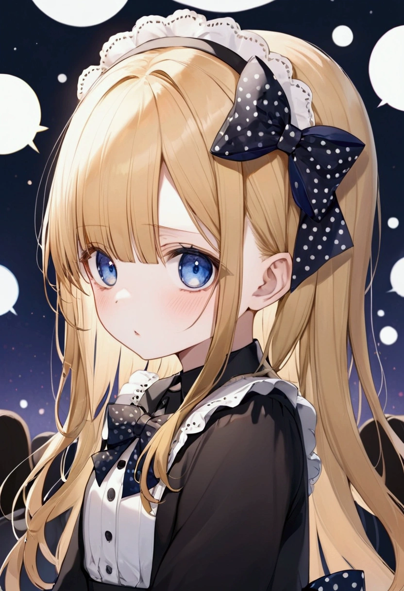 Fraction_9, Fraction_8_Direction_7_direction_6_up, 1 girl, solitary, Abigail Williams \(destiny\), bow, Blonde Hair, hair bow, black bow, blue eyes, polka dot, Long hair, polka dot bow, Looking at the audience, have, parted Bangs, many other puiples background, Shut up, orange bow, Black headdress, Bangs, portrait, forehead, symbol, black skirt, multiple hair bows, skirt