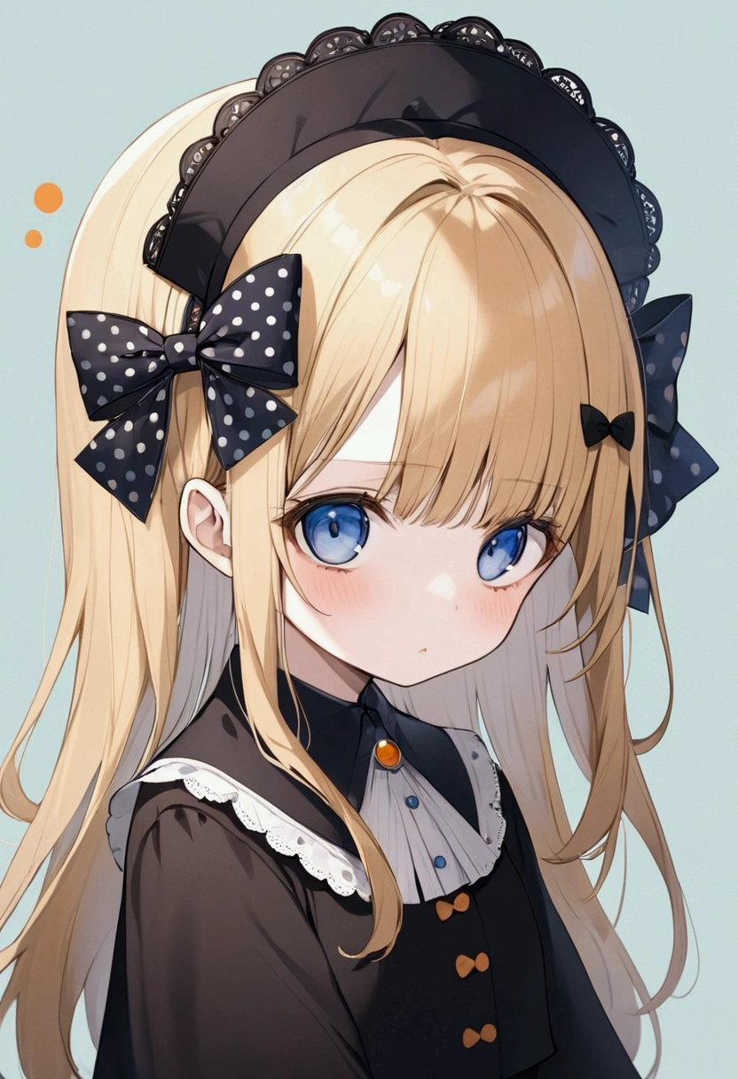 Fraction_9, Fraction_8_Direction_7_direction_6_up, 1 girl, solitary, Abigail Williams \(destiny\), bow, Blonde Hair, hair bow, black bow, blue eyes, polka dot, Long hair, polka dot bow, Looking at the audience, have, parted Bangs, many other puiples background, Shut up, orange bow, Black headdress, Bangs, portrait, forehead, symbol, black skirt, multiple hair bows, skirt