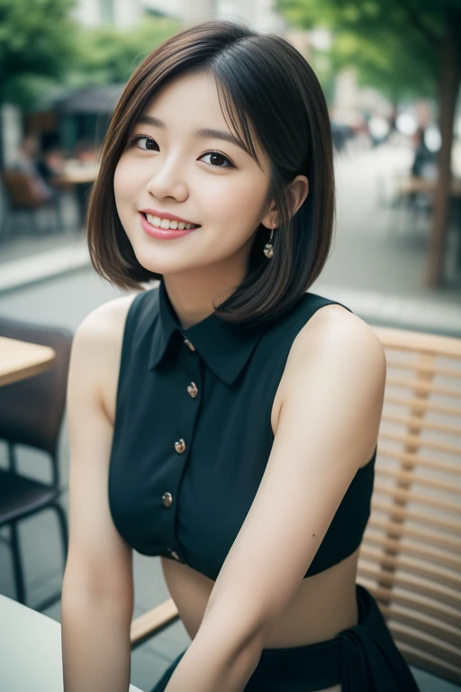 (((Top quality, 8K, Masterpiece: 1.3)), Beautiful girl, Pure, Melon face, feminine and cute, kind smile, Pure desire, Slender body, (Front), (Tilted head), ((Looking at camera) ), wearing an elegant red dress, black silky short bob hair, long flowing shoulders, round black big eyes, clear big eyes, moist red lips, sweet, sitting on a chair, cafe terrace background ,(((waist shot))),SFW, night Bokeh, Hair accessories, high_angle_shot)