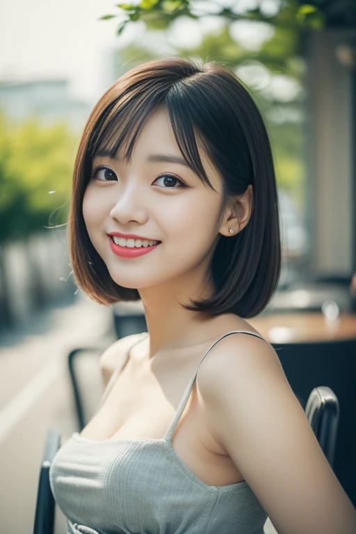 (((Top quality, 8K, Masterpiece: 1.3)), Beautiful girl, Pure, Melon face, Kind and cute, Sweet smile, Pure desire, Slender body, (Front), (Tilted head), ((Looking at camera) ), wearing a colorful suit, black silky short hair, long flowing shoulders, round black big eyes, clear big eyes, moist red lips, sweet, sitting on a chair, cafe terrace background ,(((waist shot))),SFW, Bokeh)