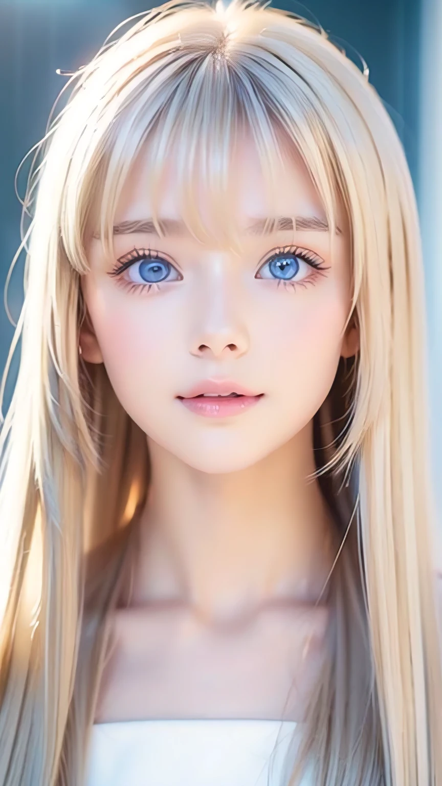 The Shining, clear, White skin、Her windblown blonde hair hides her beautiful face、A stunning 16-year-old blonde beauty、Bangs between the eyes、Cute sexy little beautiful face、Eye-catching, beautiful, super long straight hair、growing up, Large, sparkling, very bright light blue eyes、Long, silky bangs that cover cute eyes, Sexy and cute young woman with super long hair hiding her sexy face、Ultra long platinum hair、Small Face Beauty、Round face、Cheek gloss highlighter、