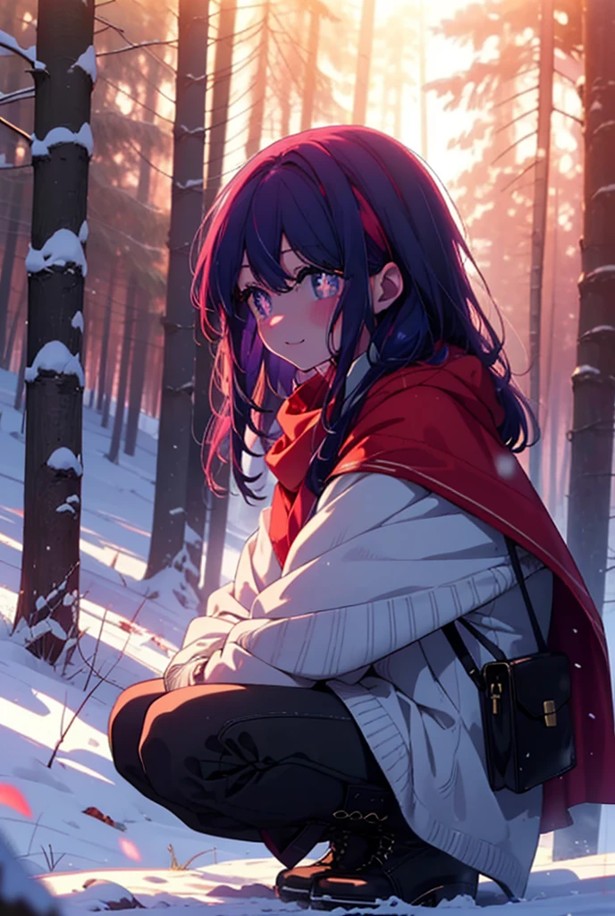 aihoshino, Ai Hoshino, Long Hair, bangs, (Purple eyes:1.1), Purple Hair, (Symbol-shaped pupil:1.5), smile,,smile,blush,white breath,
Open your mouth,snow,Ground bonfire, Outdoor, boots, snowing, From the side, wood, suitcase, Cape, Blurred, , forest, White handbag, nature,  Squat, Mouth closed, Cape, winter, Written boundary depth, Black shoes, red Cape break looking at viewer, Upper Body, whole body, break Outdoor, forest, nature, break (masterpiece:1.2), Highest quality, High resolution, unity 8k wallpaper, (shape:0.8), (Beautiful and beautiful eyes:1.6), Highly detailed face, Perfect lighting, Extremely detailed CG, (Perfect hands, Perfect Anatomy),